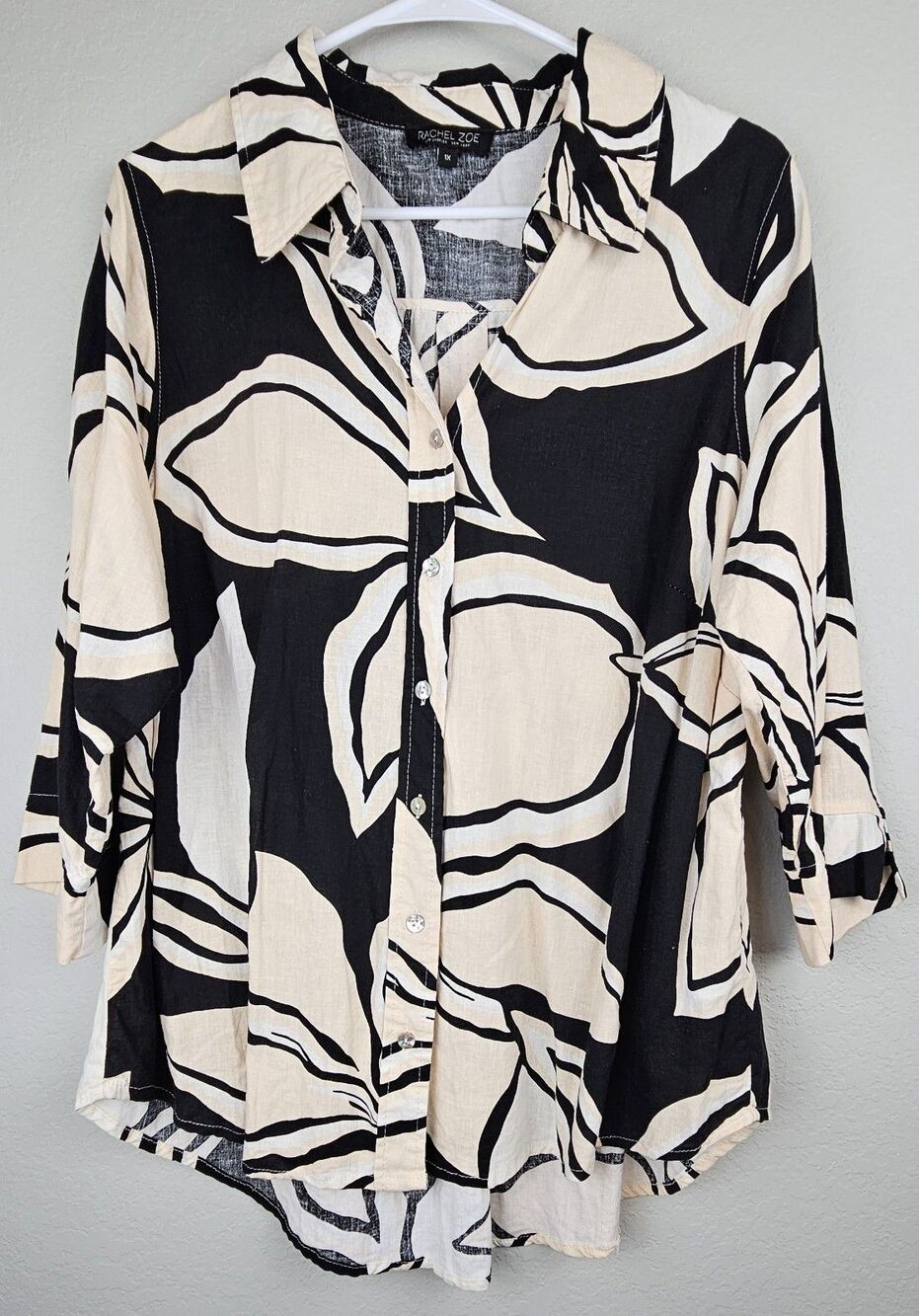 Rachel Zoe Women's 1X Linen Blend Button Up Floral Tropical Shirt Top 3/4 Sleeve